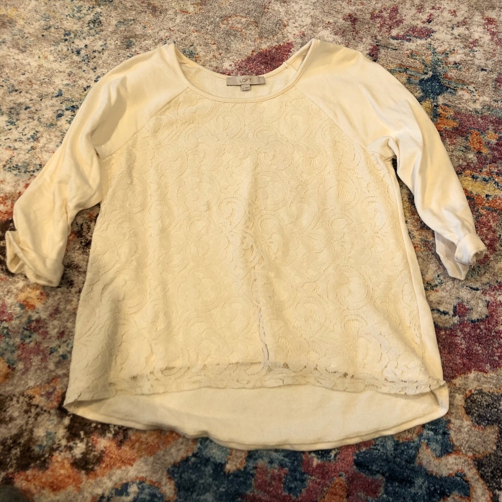 LOFT Cream Lace Front Pullover Sweatshirt